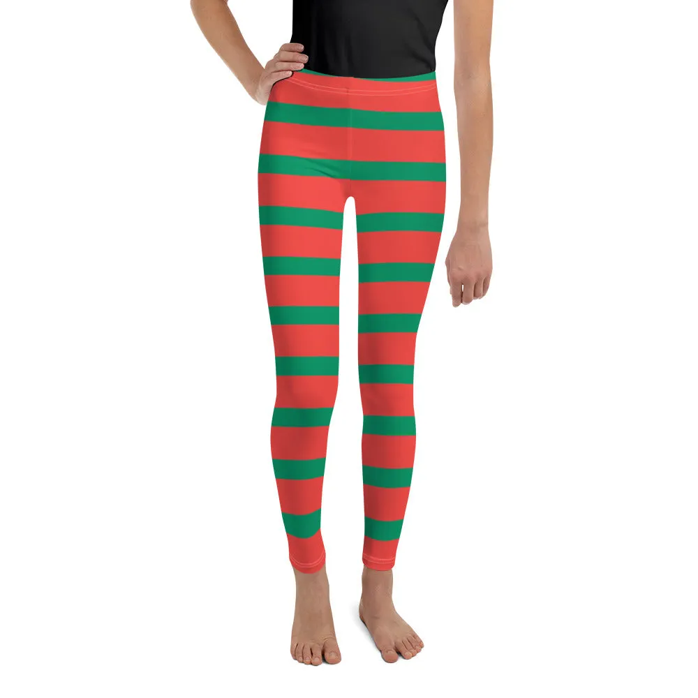 Elf Red Green Striped Youth Girls Leggings, Christmas Party Santa Xmas Holiday Costume Printed Graphic Yoga Pants Cute Workout