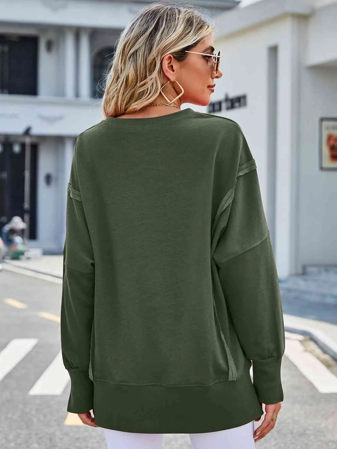 Exposed Seam High-Low Round Neck Sweatshirt