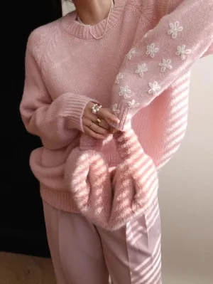 Fashion Flower Embroidery Knitted Sweater For Women Chic Long Sleeve O Neck Pullover Jumper 2023 Fall Winter Sweet Tops C-306