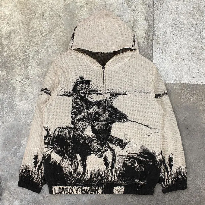 Fashion vintage zip print hoodie