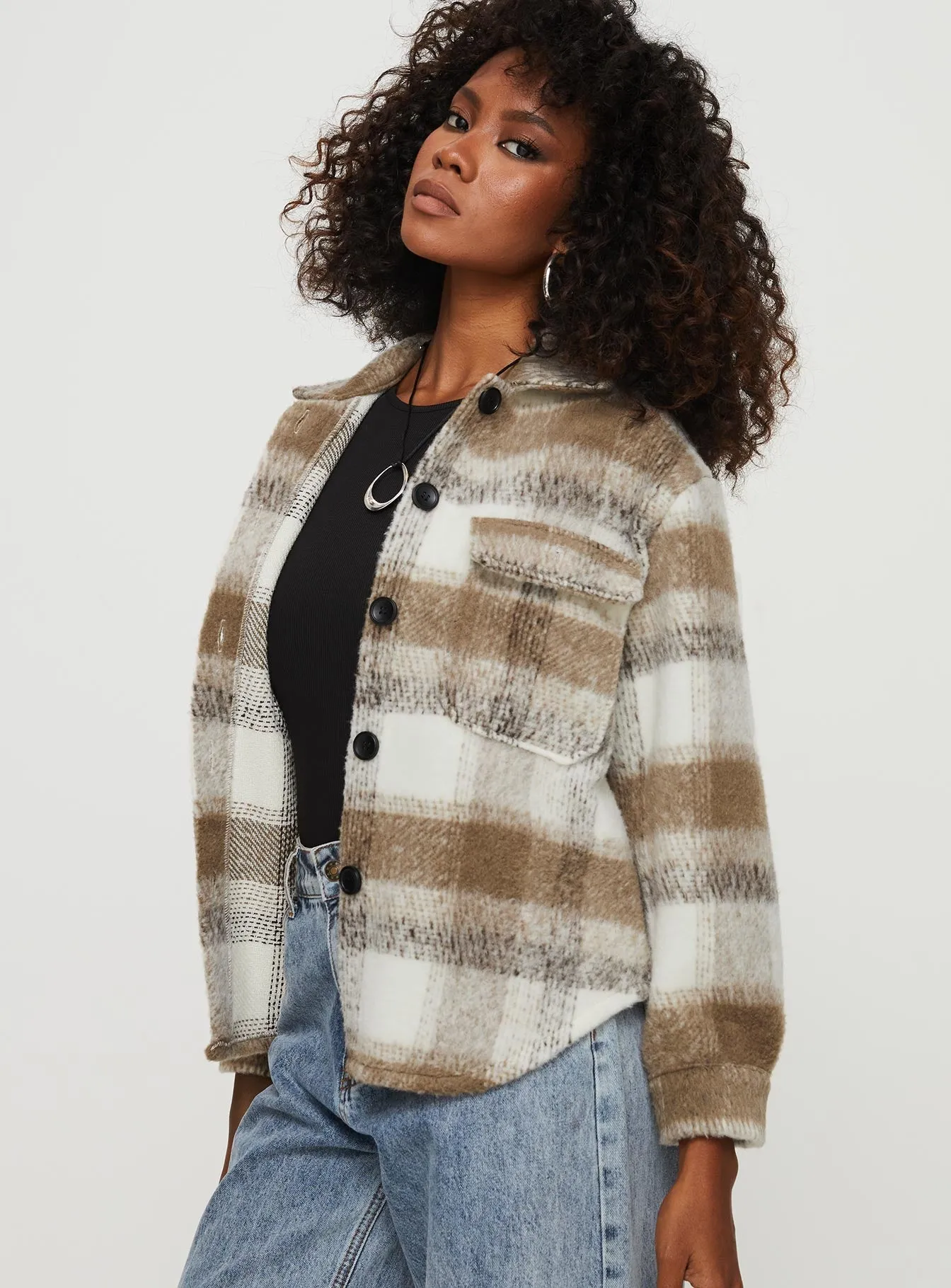 Fashionkova Kreppel Plaid Shacket Brown