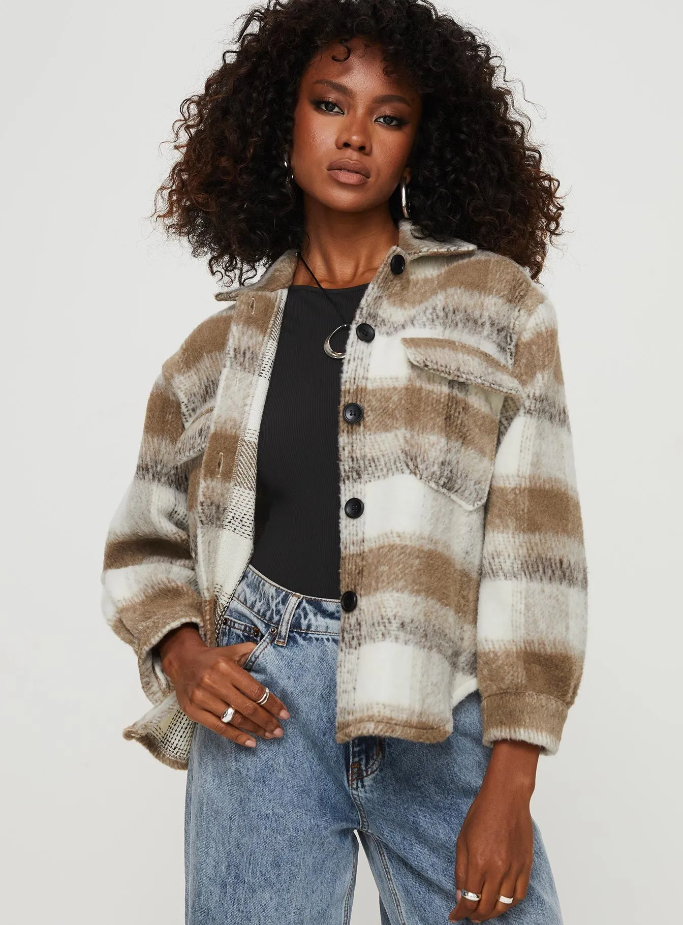Fashionkova Kreppel Plaid Shacket Brown