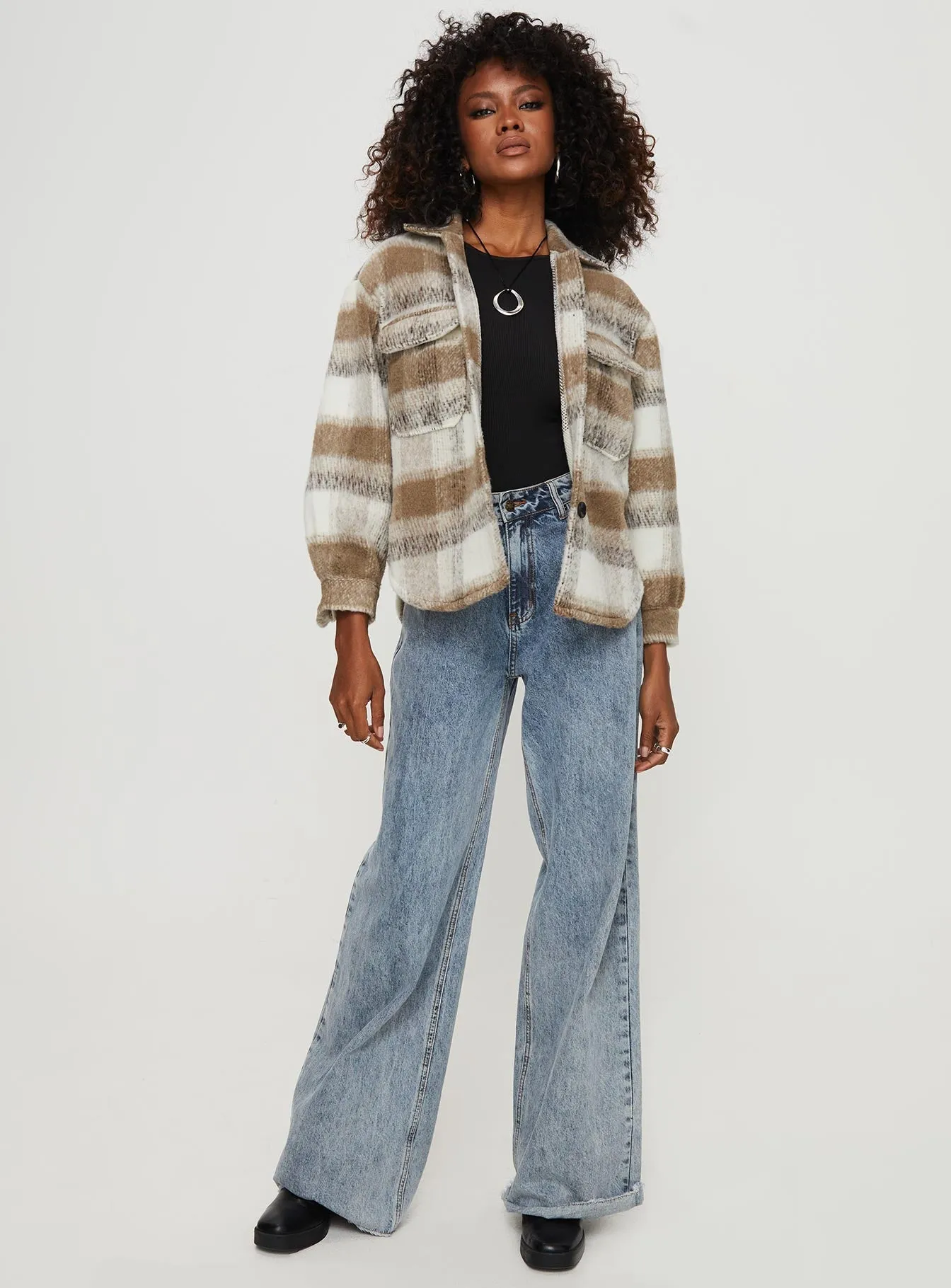 Fashionkova Kreppel Plaid Shacket Brown