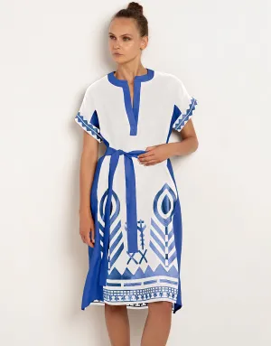 Feathers Kaftan Tunic - White and Blue