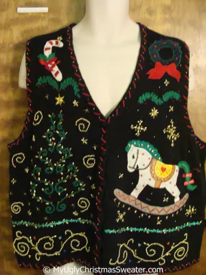 Fun Bling Cheap Christmas Sweater Vest with Rocking Horse