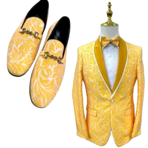 Gold Paisley Men's Blazer Luxury Design Shall Lapel Slim-Fit with Bowtie