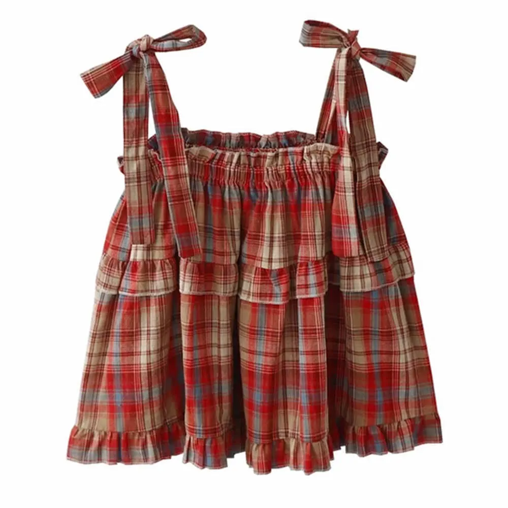 Grandma Aesthetic Plaid Bow-Tie Top