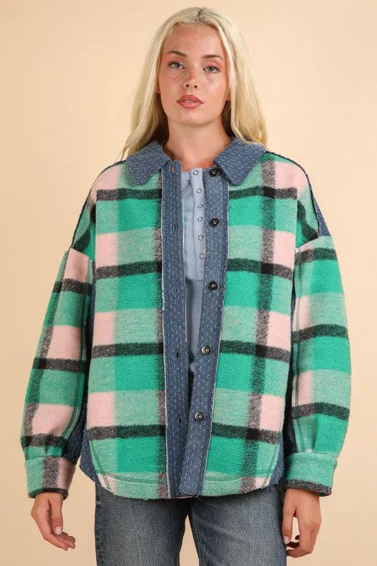 Green Mix Textured Denim Contrast Plaid Shacket Jacket