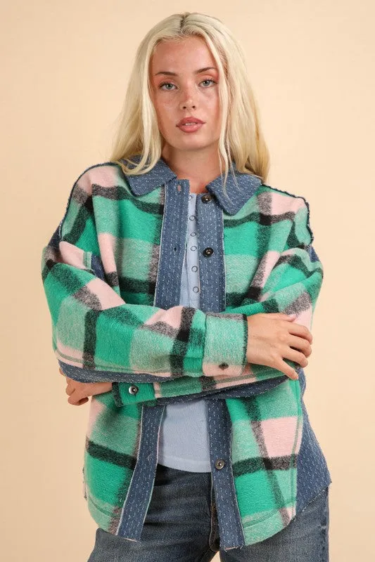 Green Mix Textured Denim Contrast Plaid Shacket Jacket
