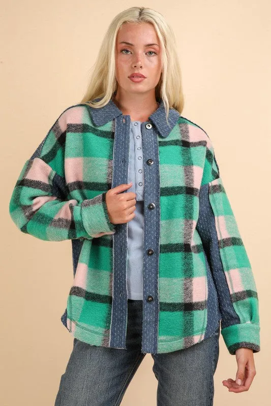 Green Mix Textured Denim Contrast Plaid Shacket Jacket