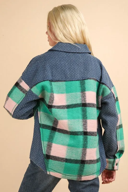 Green Mix Textured Denim Contrast Plaid Shacket Jacket
