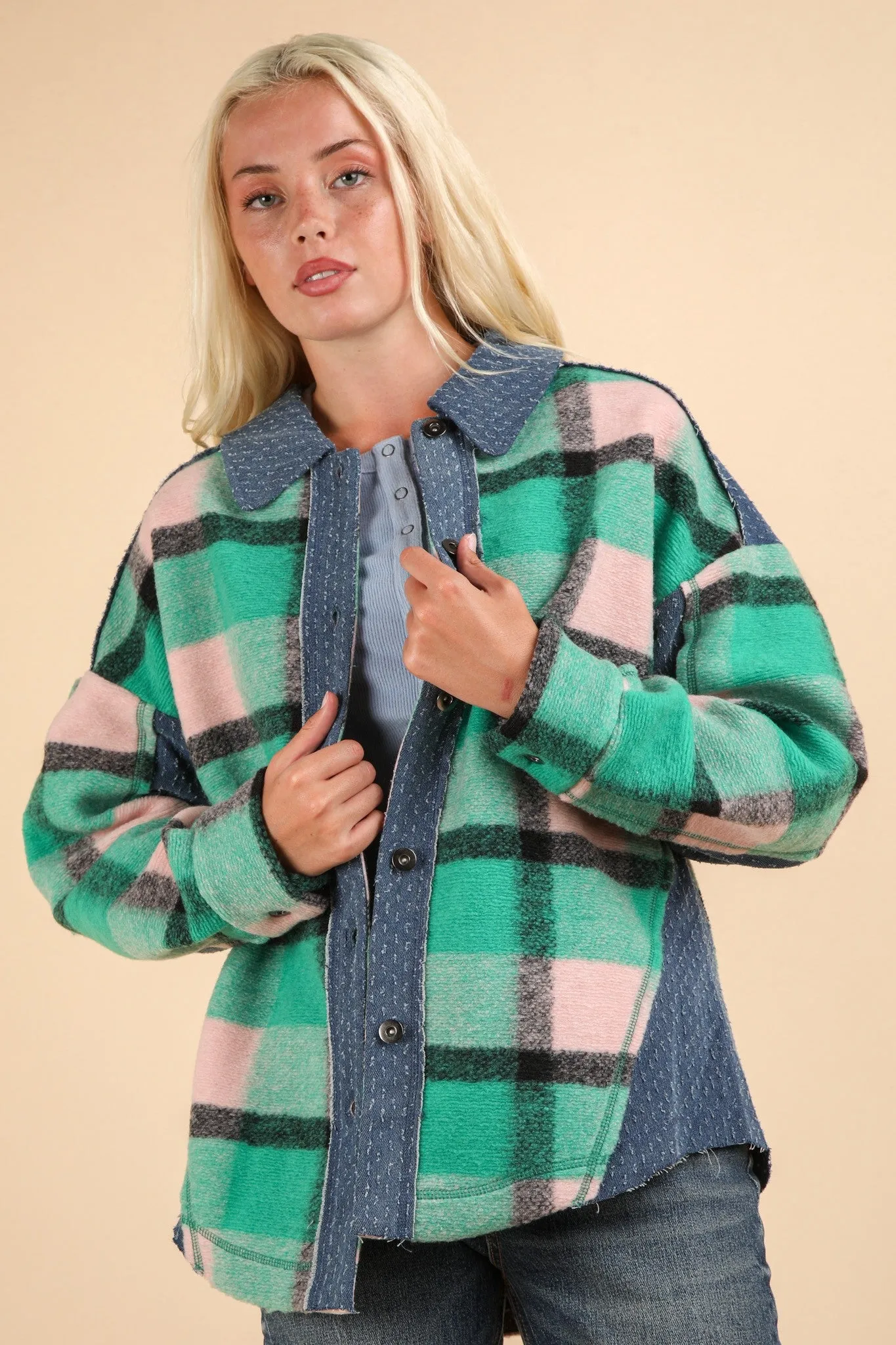 Green Mix Textured Denim Contrast Plaid Shacket Jacket