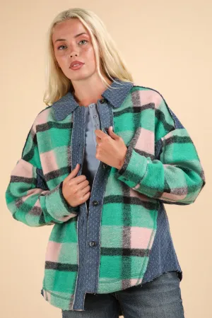 Green Mix Textured Denim Contrast Plaid Shacket Jacket