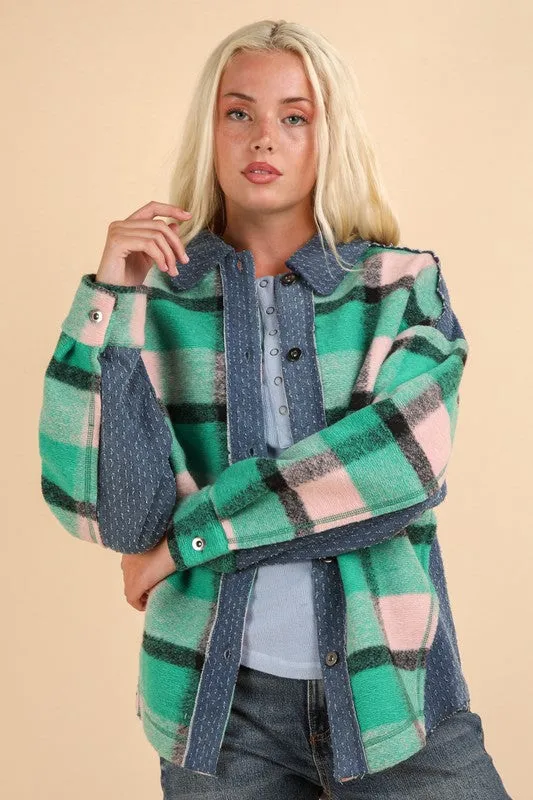 Green Mix Textured Denim Contrast Plaid Shacket Jacket