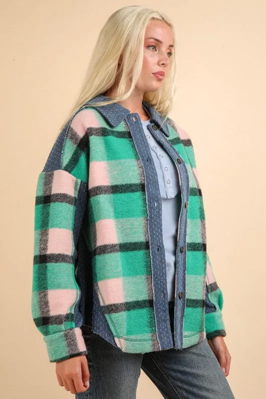 Green Mix Textured Denim Contrast Plaid Shacket Jacket