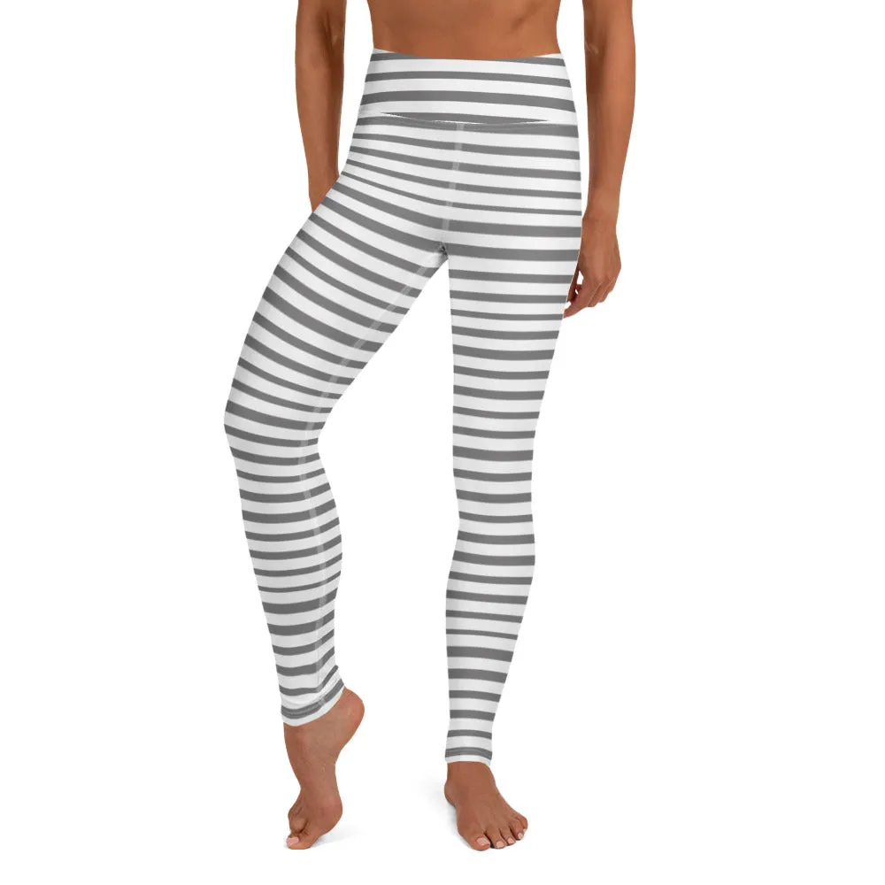 Grey Striped Women's Yoga Leggings, White Gray Horizontal Striped Long Yoga Tights-Made in USA/EU