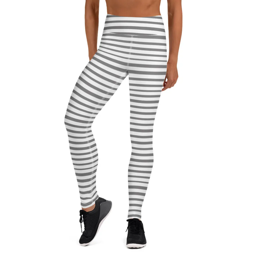 Grey Striped Women's Yoga Leggings, White Gray Horizontal Striped Long Yoga Tights-Made in USA/EU