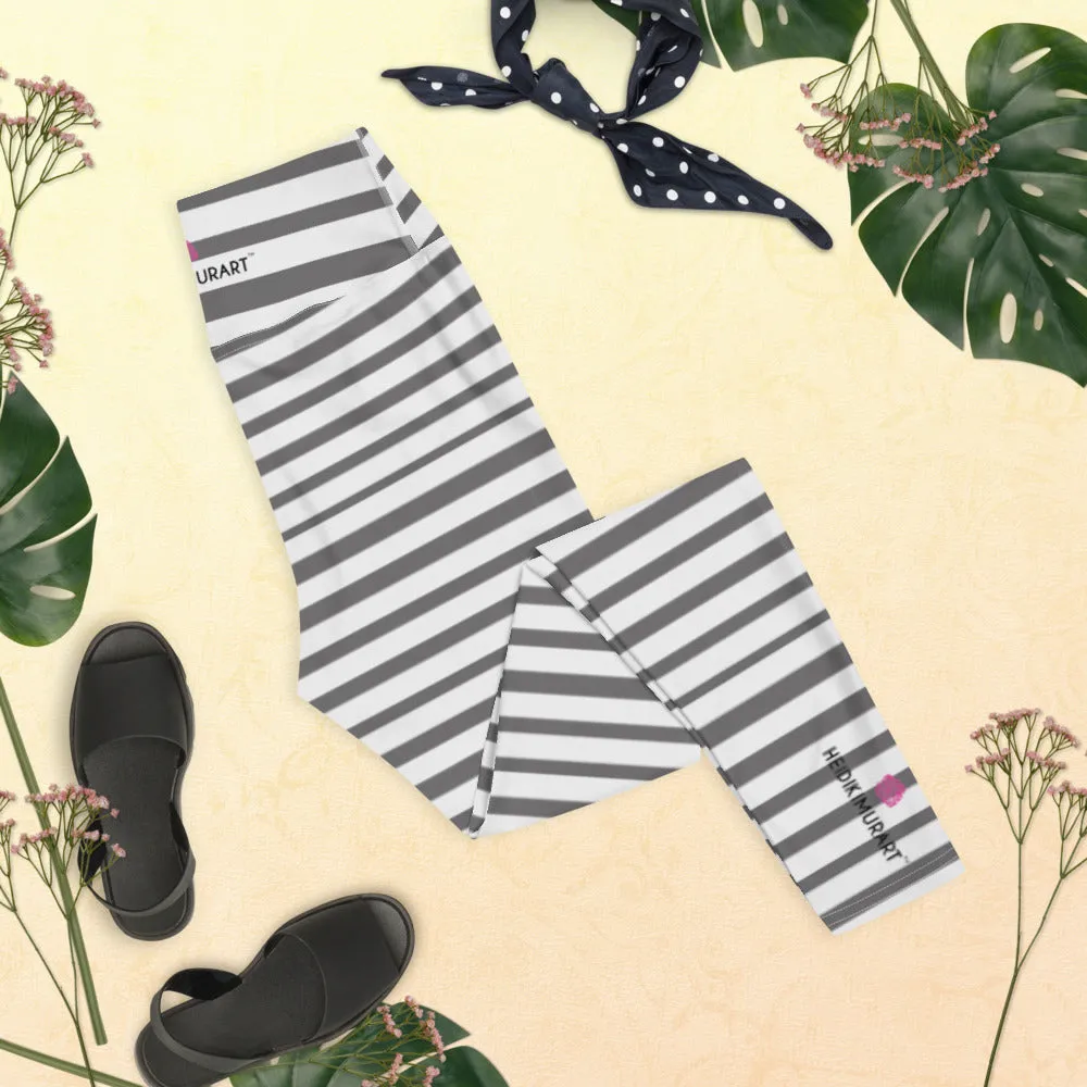 Grey Striped Women's Yoga Leggings, White Gray Horizontal Striped Long Yoga Tights-Made in USA/EU