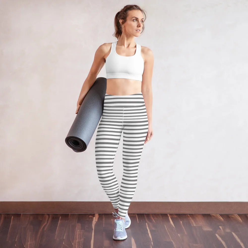 Grey Striped Women's Yoga Leggings, White Gray Horizontal Striped Long Yoga Tights-Made in USA/EU