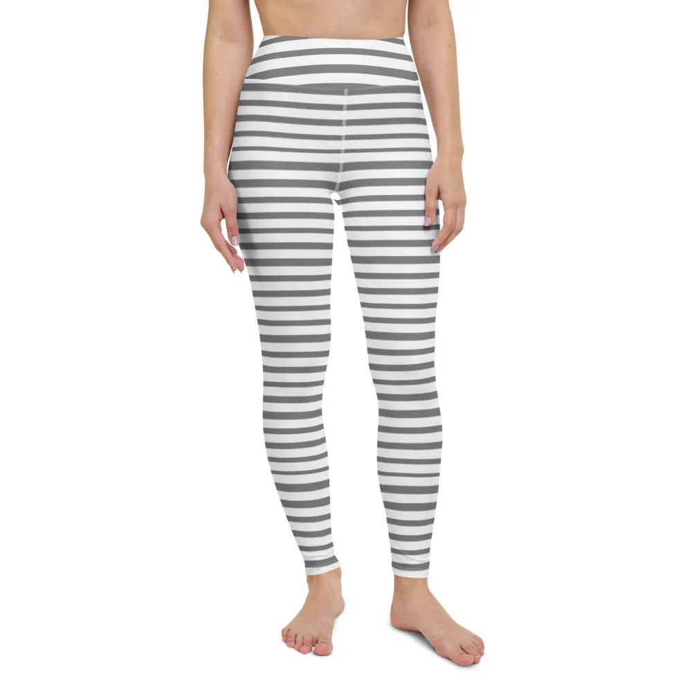 Grey Striped Women's Yoga Leggings, White Gray Horizontal Striped Long Yoga Tights-Made in USA/EU