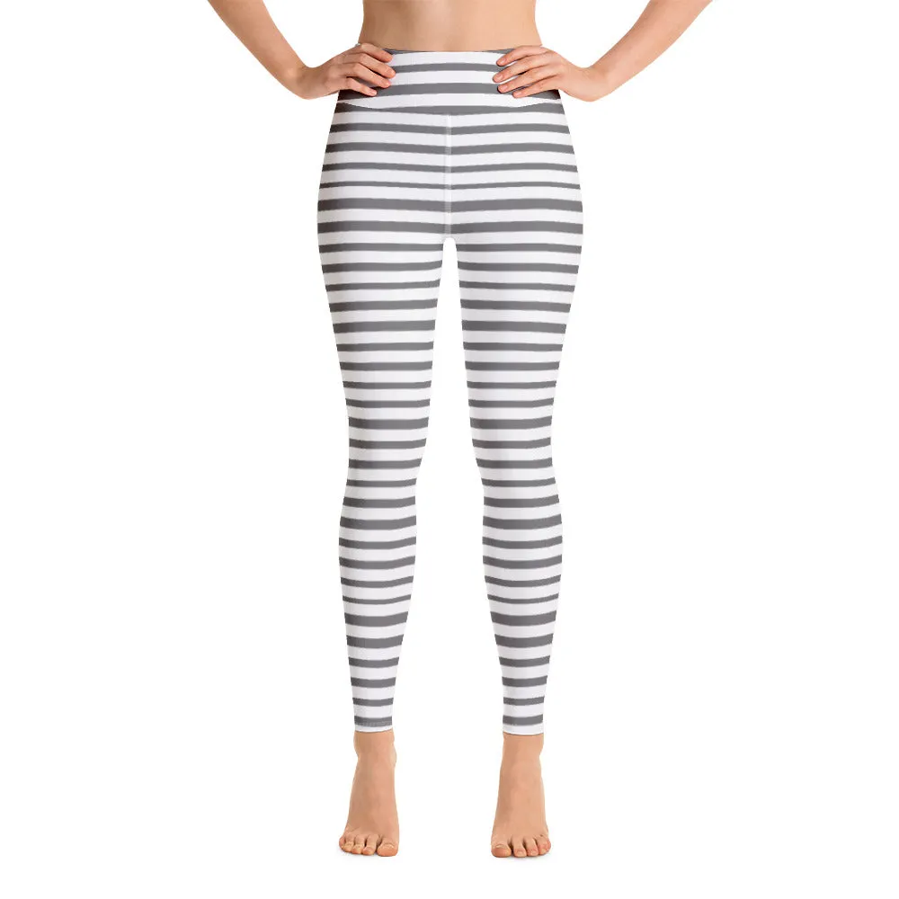 Grey Striped Women's Yoga Leggings, White Gray Horizontal Striped Long Yoga Tights-Made in USA/EU