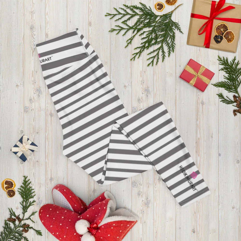 Grey Striped Women's Yoga Leggings, White Gray Horizontal Striped Long Yoga Tights-Made in USA/EU