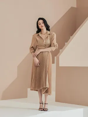HIGH END PLEATED MIDI SKIRT WITH LONG SLEEVE SHIRT TWO PIECE SET - ANEDA HIGH END PLEATED MIDI SKIRT WITH LONG SLEEVE SHIRT TWO PIECE SET - ANEDA