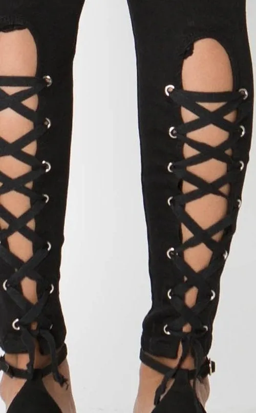 High waisted lace up back denim jeans