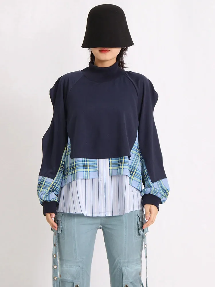 Hit Color Sweatshirts For Women Round Neck Long Sleeve Casual Loose Patchwork Button Sweatshirt Female Fashion 2023