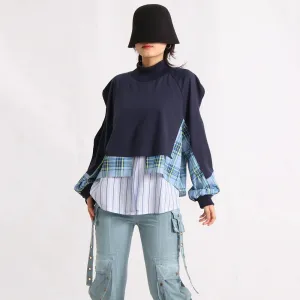 Hit Color Sweatshirts For Women Round Neck Long Sleeve Casual Loose Patchwork Button Sweatshirt Female Fashion 2023