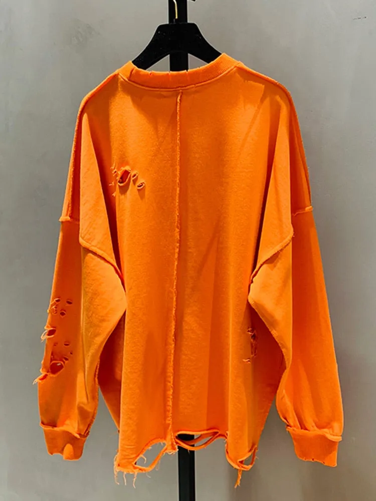 Hole Hollow Out Sweatshirt For Women Round Neck Long Sleeve Solid Minimalist Loose Sweatshirts Female Clothing