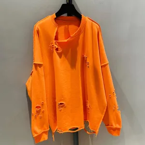 Hole Hollow Out Sweatshirt For Women Round Neck Long Sleeve Solid Minimalist Loose Sweatshirts Female Clothing