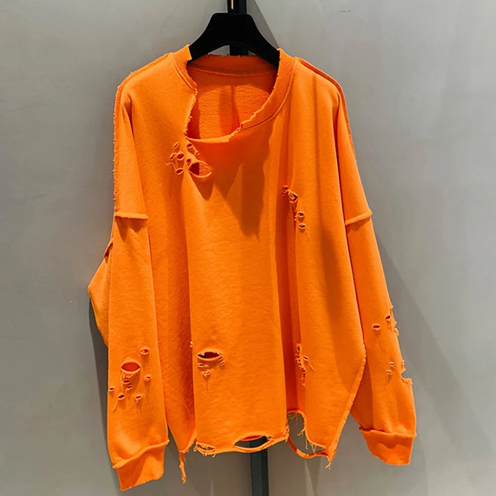 Hole Hollow Out Sweatshirt For Women Round Neck Long Sleeve Solid Minimalist Loose Sweatshirts Female Clothing