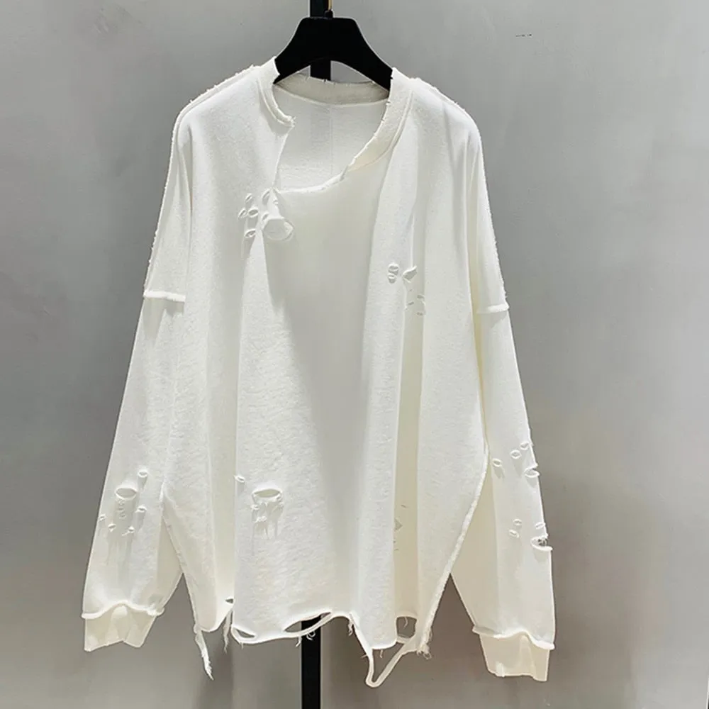 Hole Hollow Out Sweatshirt For Women Round Neck Long Sleeve Solid Minimalist Loose Sweatshirts Female Clothing