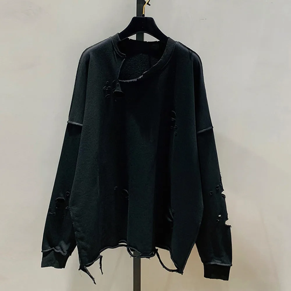 Hole Hollow Out Sweatshirt For Women Round Neck Long Sleeve Solid Minimalist Loose Sweatshirts Female Clothing