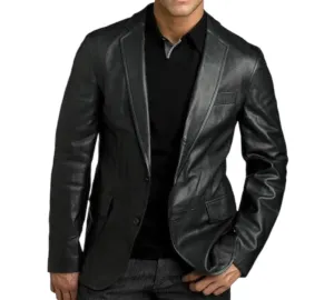 Inserch Men's Black Blazer Jacket Genuine Leather Classic-Fit
