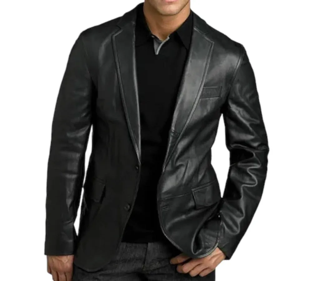 Inserch Men's Black Blazer Jacket Genuine Leather Classic-Fit