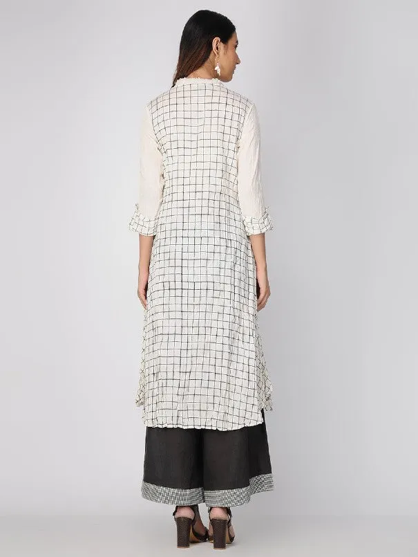 Ivory Block Printed Front Open Checks Kurta