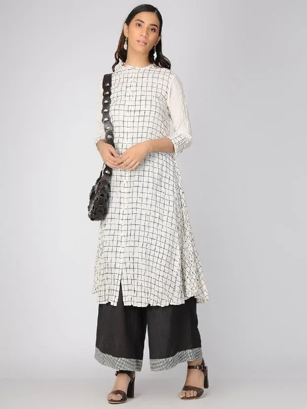 Ivory Block Printed Front Open Checks Kurta