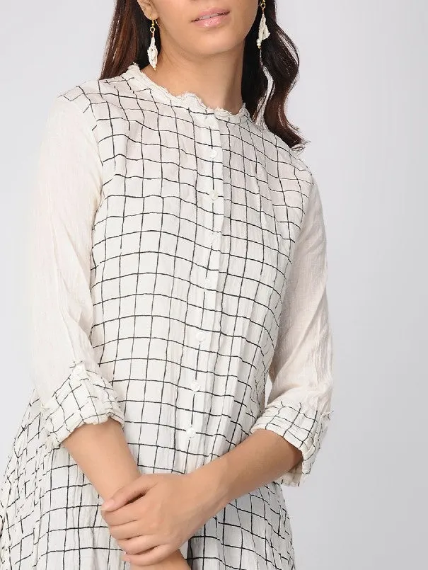 Ivory Block Printed Front Open Checks Kurta