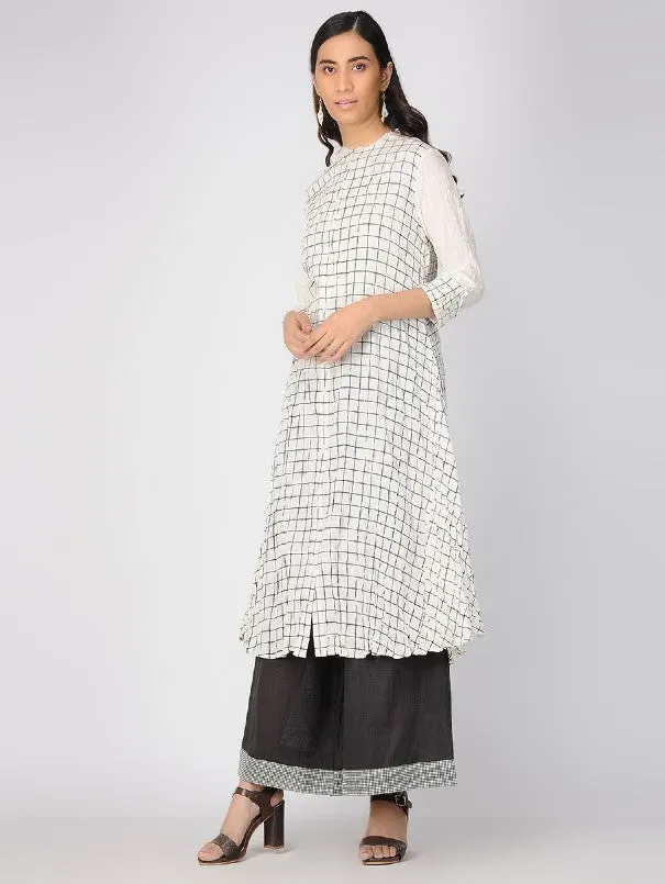 Ivory Block Printed Front Open Checks Kurta
