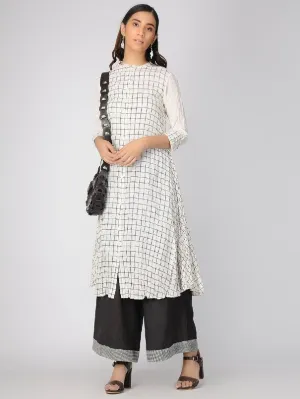 Ivory Block Printed Front Open Checks Kurta