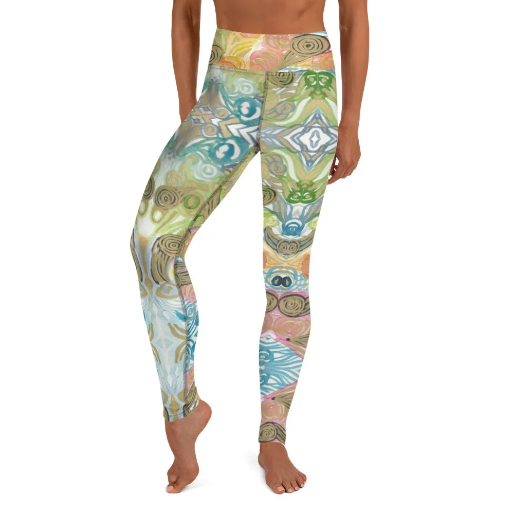 Japanese Waves Abstract Yoga Leggings, Watercolor Women's Retro Style Long Yoga Pants-Made in USA/EU