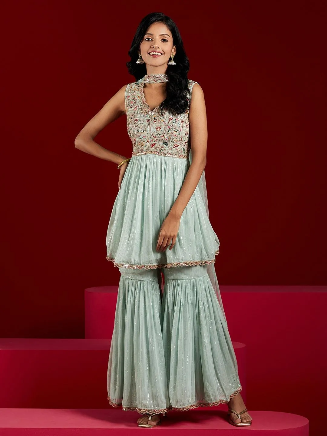 Jashvi Art Powder Blue Embroidered Chiffon A-Line Sharara Suit Set With Dupatta