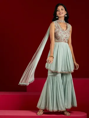 Jashvi Art Powder Blue Embroidered Chiffon A-Line Sharara Suit Set With Dupatta