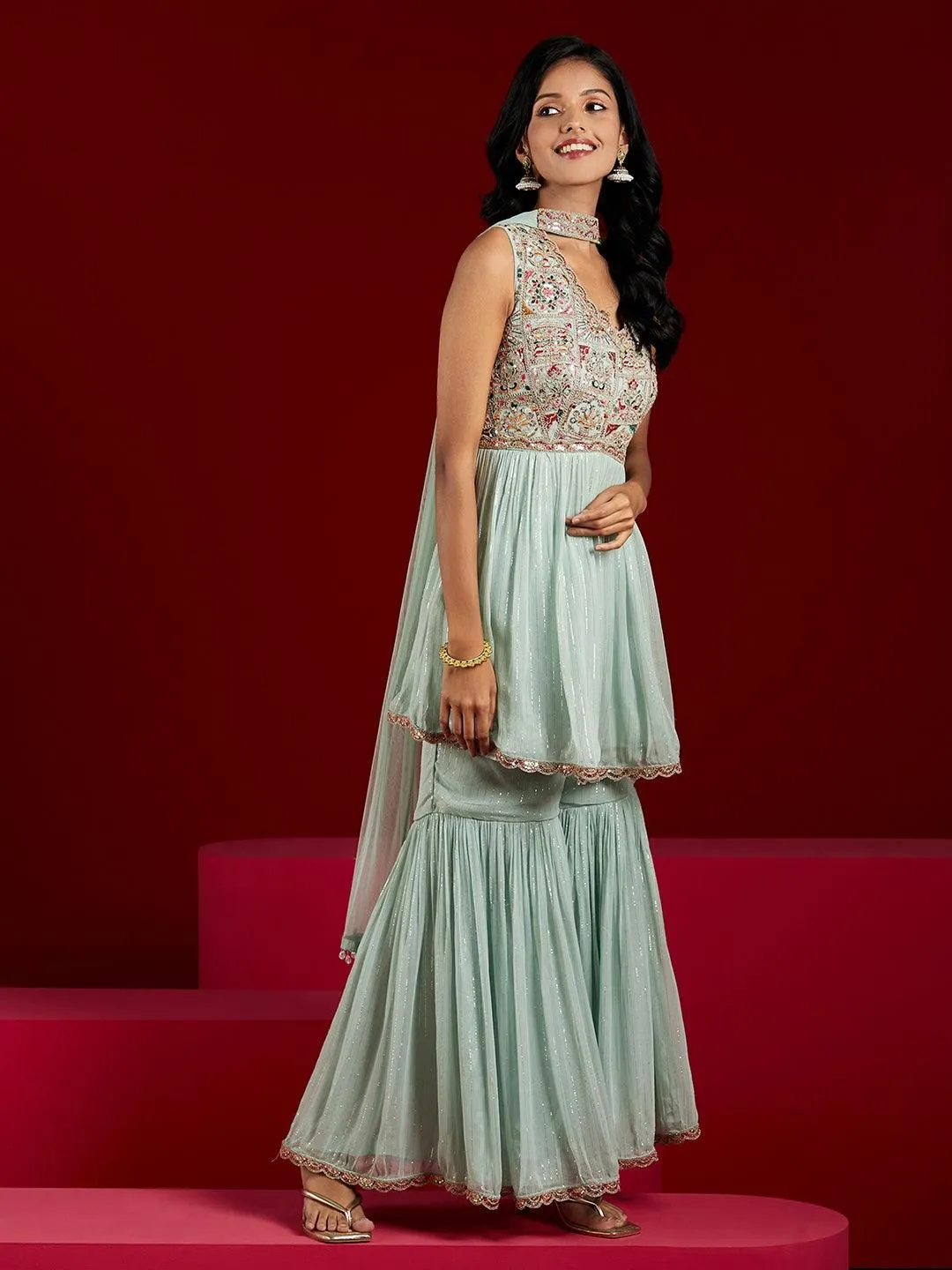 Jashvi Art Powder Blue Embroidered Chiffon A-Line Sharara Suit Set With Dupatta