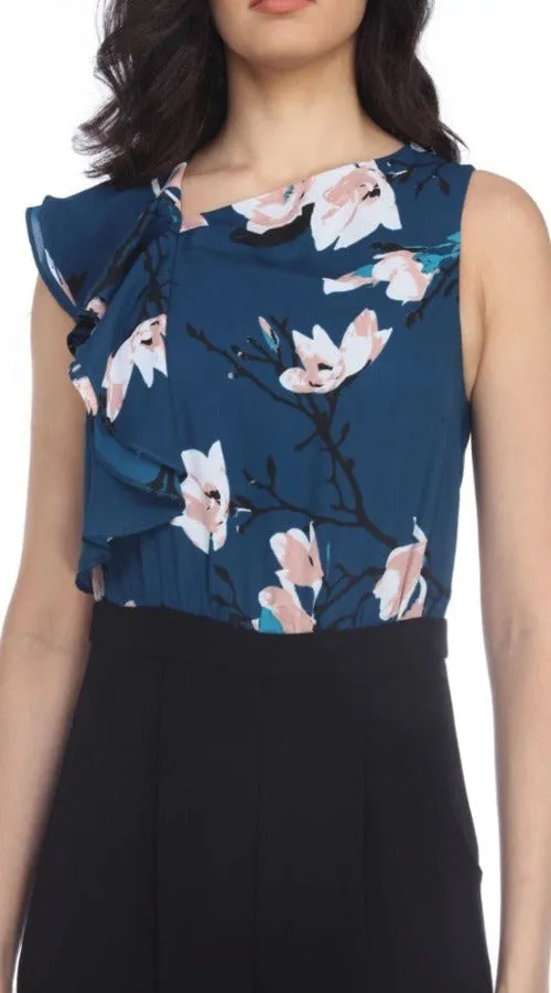 Joseph Ribkoff Teal/Multi-Color Ruffled Floral Print Flared Jumpsuit 203632