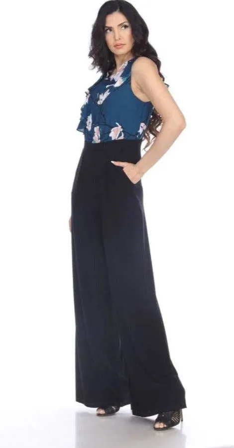 Joseph Ribkoff Teal/Multi-Color Ruffled Floral Print Flared Jumpsuit 203632