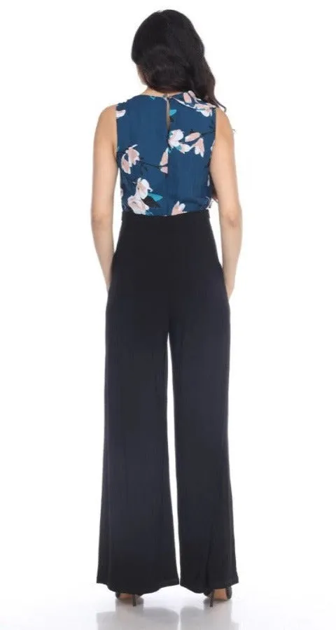 Joseph Ribkoff Teal/Multi-Color Ruffled Floral Print Flared Jumpsuit 203632