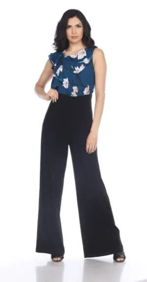 Joseph Ribkoff Teal/Multi-Color Ruffled Floral Print Flared Jumpsuit 203632